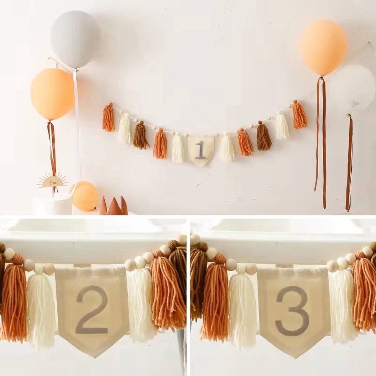 Feestpakket Verjaardag Kindje 1 jaar, 2 jaar, 3 jaar - Aardetinten en Hout - Verjaardagskroon - Verjaardagsslinger met Tassels - Toverstafje - Happy Birthday Houten Bord - Taarttopper — afbeelding 2