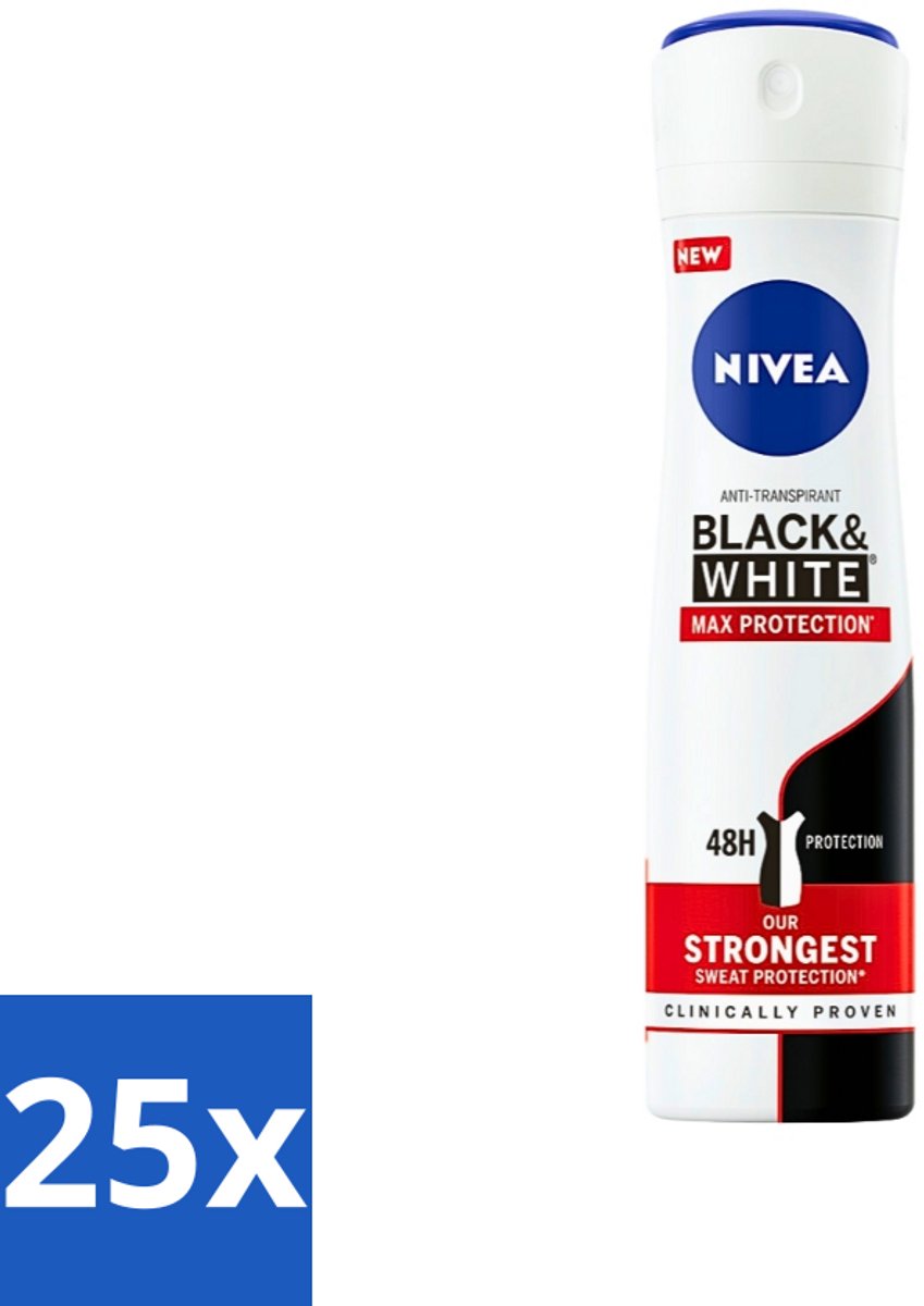 25 x Nivea - Deodorant - Spray - Black & White Max Protection - 150 ml - Anti-transpirant - Zweetbescherming - Vlekkenvoorkomend - Witte Strepen - Gele Vlekken