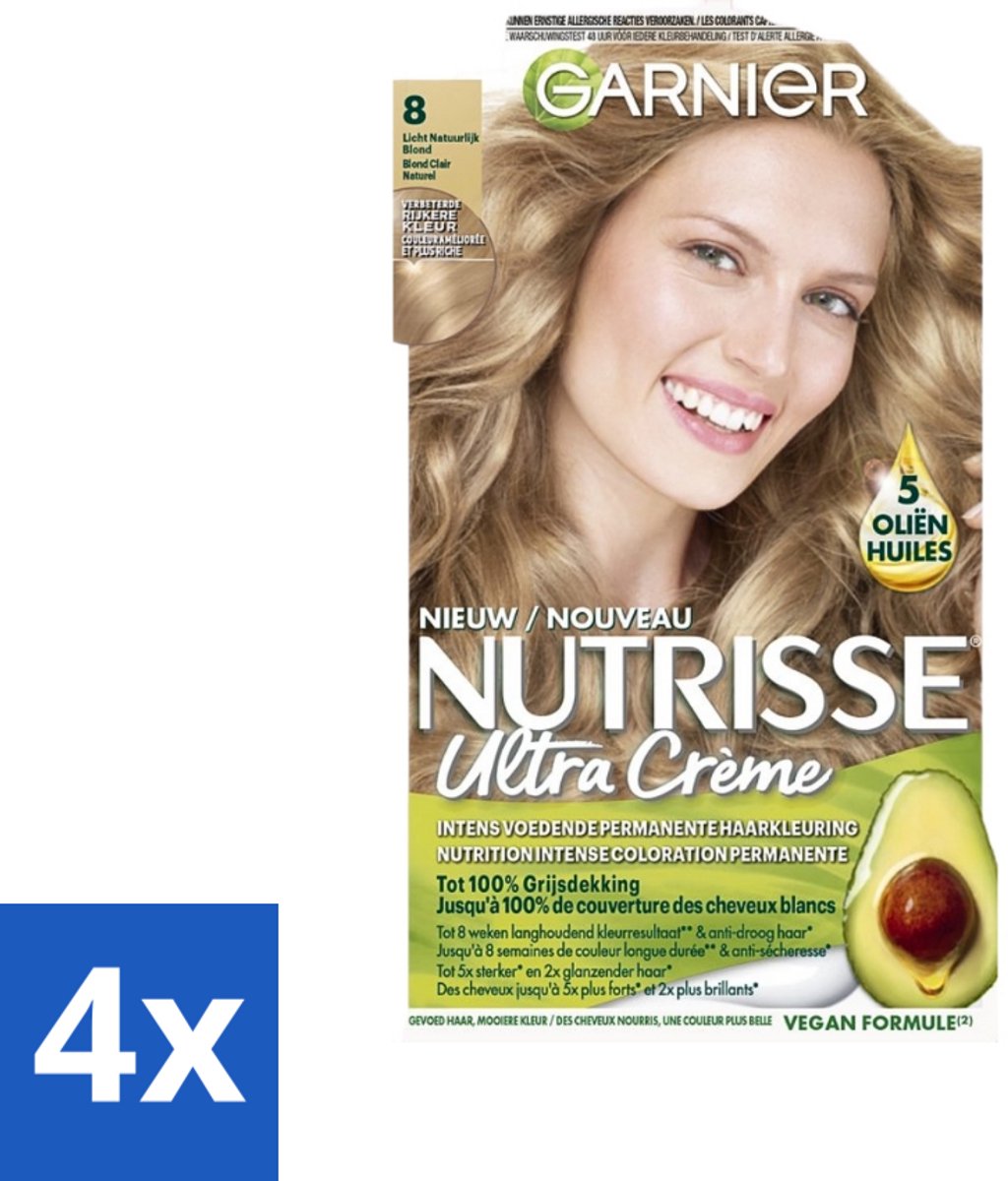 4 x Garnier - Nutrisse Ultra Crème 8 - Haarkleuring - Lichtblond - Intens Voedend - Permanente Kleur - Haarverf - Blonde Haarkleur - Permanente Haarkleur - Voedende Haarkleuring - Grijsdekking