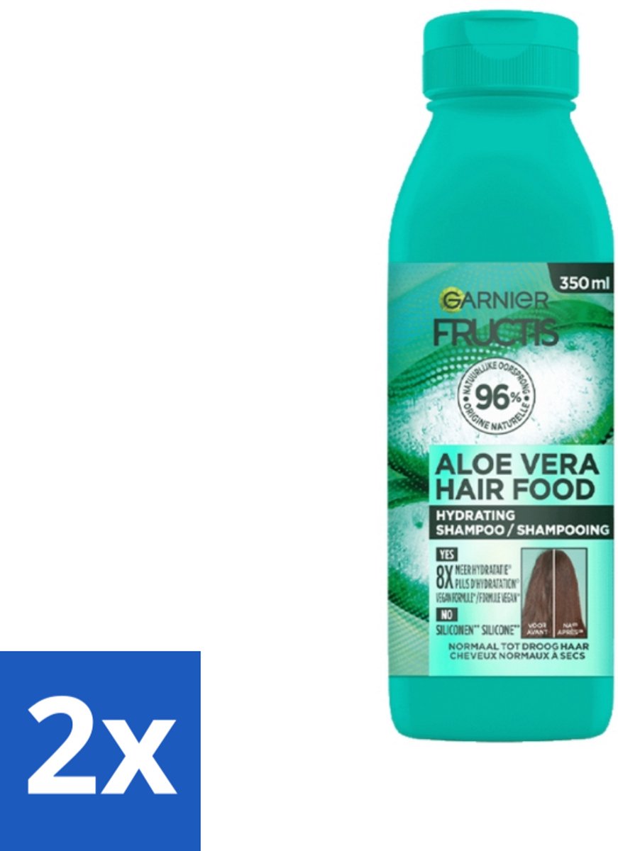 2 x Garnier - Fructis Hair Food Aloe Vera - Shampoo - Normaal tot Droog Haar - 350 ml - Aloe Vera Shampoo - Hydraterende Shampoo - Shampoo Voor Droog Haar - Vegan Shampoo - Natuurlijke Shampoo