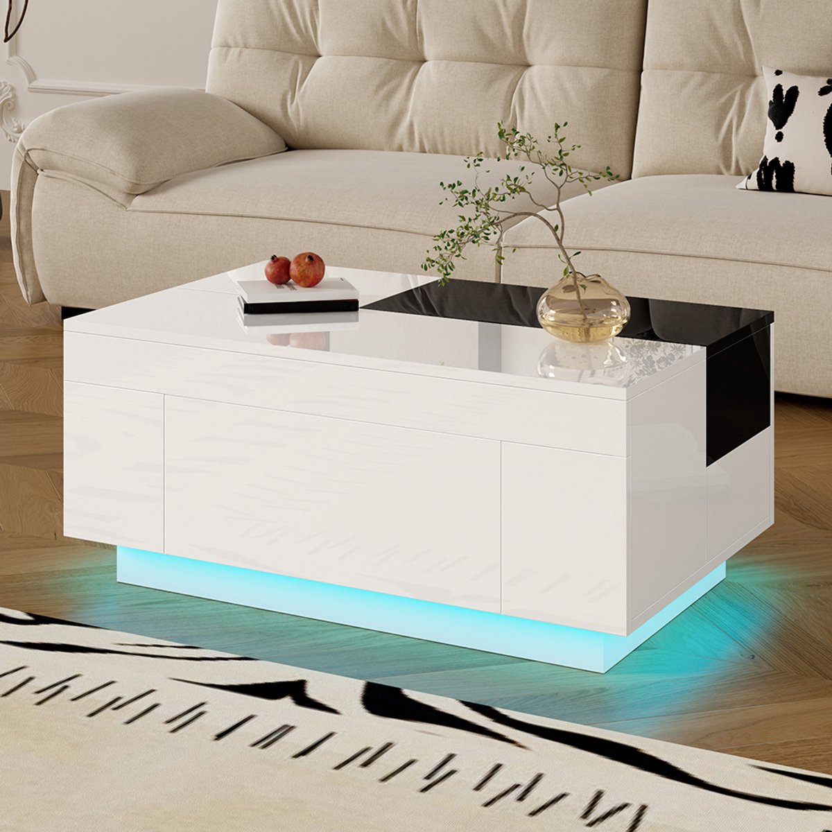 YEHTOKHOME Hoogglans Salontafel met LED-Verlichting en lade - Uitschuifbaar tafelblad - Verborgen opbergruimte - Moderne bijzettafels - Koffietafel - Wit - 80x50x35,5 cm