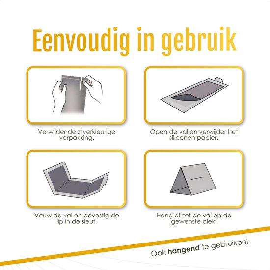 Gele mottenval met illustraties van de gebruiksaanwijzing. Met opschrift 'Eenvoudig in gebruik'.