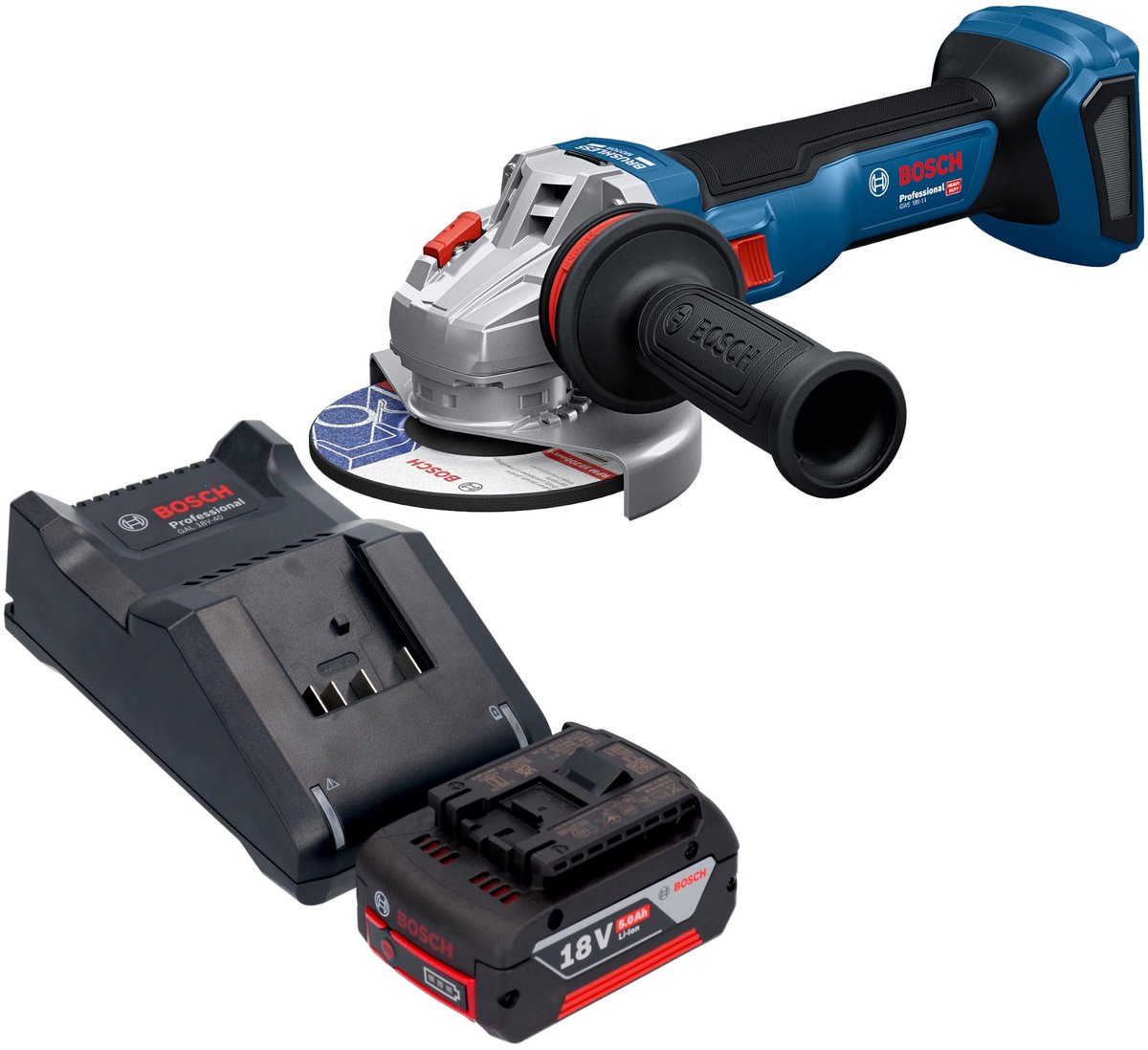Bosch GWS 18V-11 Professional accu haakse slijper 18 V 125 mm + 1x accu 5,0 Ah + oplader
