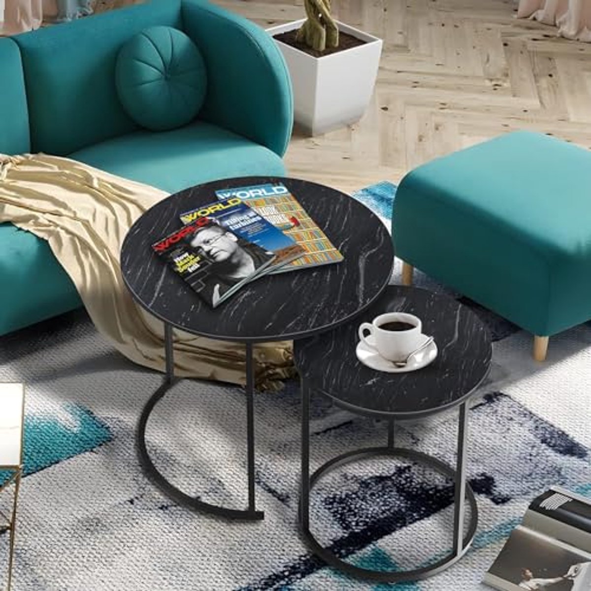 Set van 2 Ronde Nesttafels met Metalen Frame voor Woonkamer en Slaapkamer