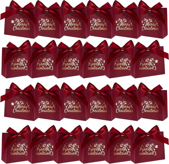 Kerstcadeauzakjes - 24 Stuks - Met Satijnen Strik - Goudfolie Tekst - Feestelijke Verpakking - Voor Kleine Cadeaus - Kerstversiering - Partydisplays