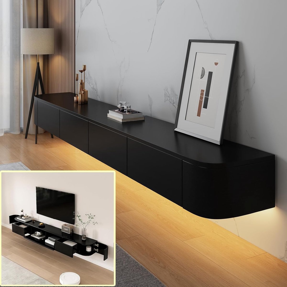 Hangend TV-meubel TasalFurniture – Zwevend TV-meubel met Laden, Kabelmanagement en LED-accent, Multifunctionele Opbergruimte, Modern Lowboard, 240 x 30 x 20 cm, Zwart