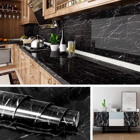 Allecto Plus - Zelfklevend Marmer Behang Zwart Vinyl Wrap 40CMx10M Keuken Werkblad Bekleding Waterproof Contactpapier Badkamer Keukenmeubilair