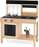 COSTWAY Modderkeuken voor kinderen, outdoor, kinderkeuken, hout, met 11 accessoires en borden en 2 afneembare spoelbakken, speelkeuken, outdoor, keuken voor kinderen vanaf 2 jaar