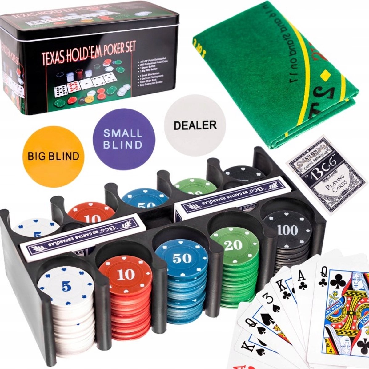 Poker Set 200 Chips, Kaarten, Speelmat Texas Hold'em