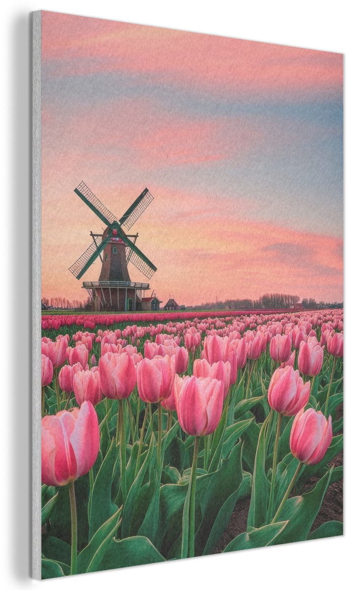 Akoestisch wandpaneel 60x80 cm - Vilt schilderij Tulpen - Molen - Nederland - Akoestische panelen - Geluidsdempende wanddecoratie - Geluidsisolatie woonkamer - Muurdecoratie geluidspanelen