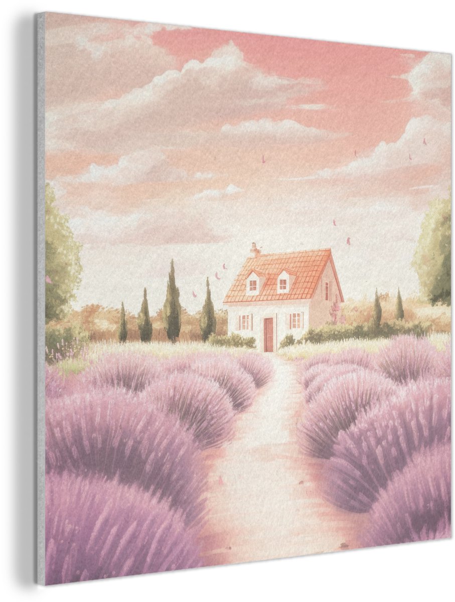 Akoestisch wandpaneel 40x40 cm - Vilt schilderij Lavendelveld - Huis - Paars - Akoestische panelen - Geluidsdempende wanddecoratie - Geluidsisolatie woonkamer - Muurdecoratie geluidspanelen