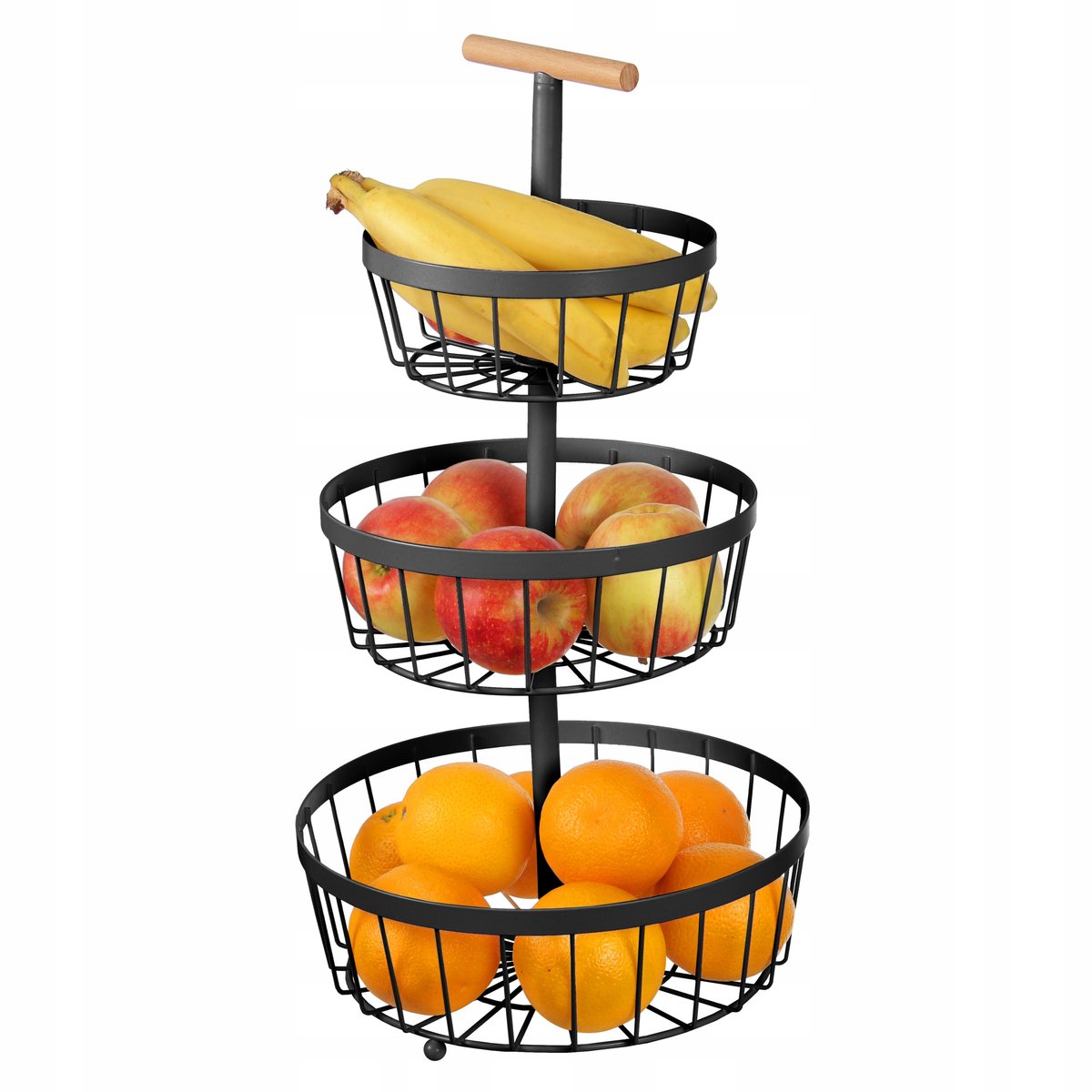 3-laags metalen fruitmand organizer, zwart, met houten handvat