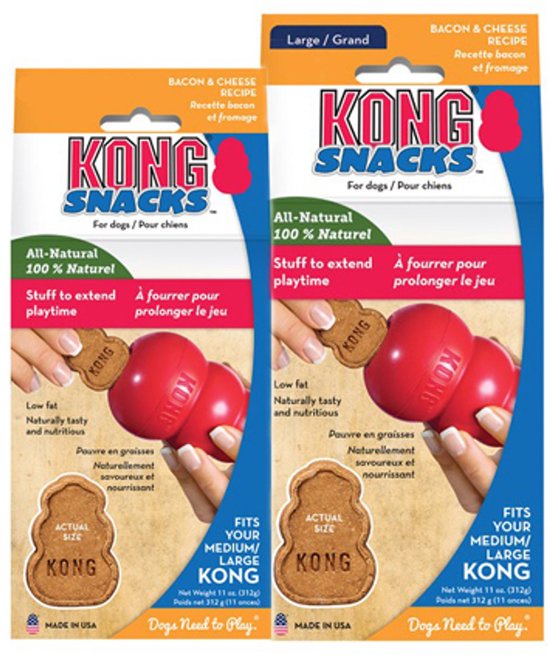 Twee verpakkingen Kong Snacks voor honden, met rode Kong speeltje en bruine traktaties. Bacon & Cheese smaak.