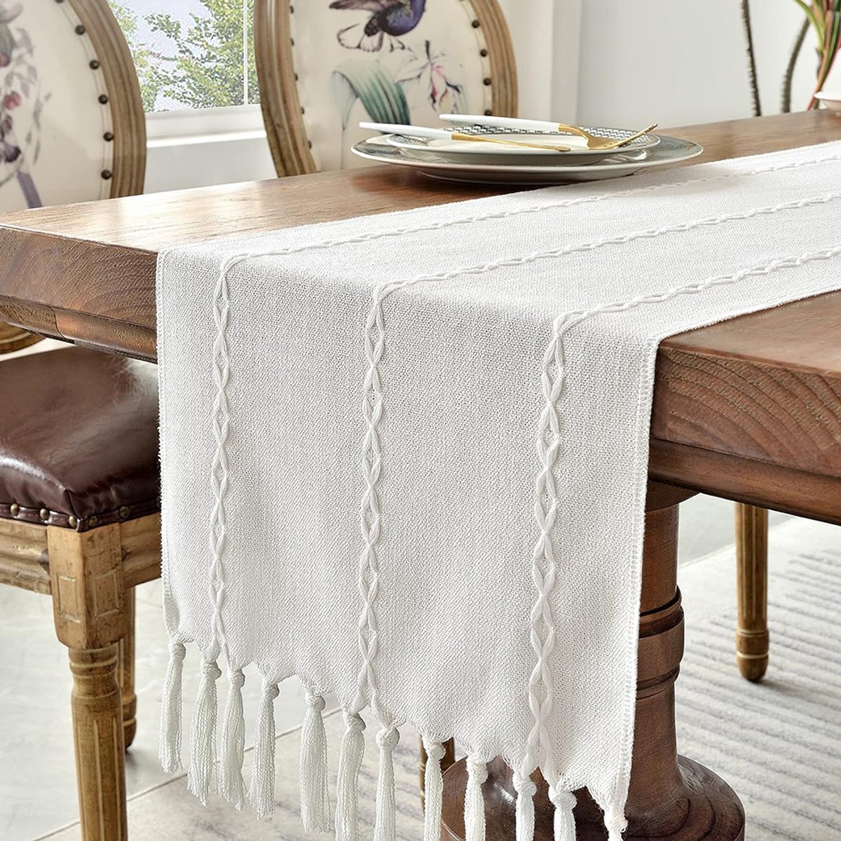 Tafelloper - Boho - Macramé - Country-Style - Wit - 33x120CM