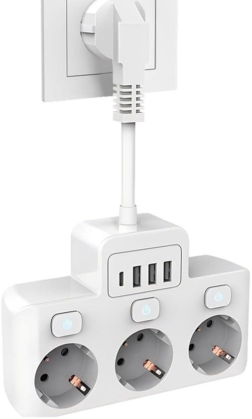 Meervoudige stekkerdoos met USB, 7-in-1 stekkerdoos met USB C, 1,5 m verlengkabel, meervoudige stekker met schakelaar, 3680 W, 16 A, wit