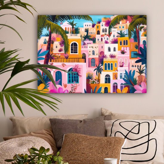 Canvas schilderij 80x60 cm - Exclusieve wanddecoratie Kleurrijk - Roze - Oranje - Geel - Bloemen - Muurdecoratie woonkamer - Slaapkamer decoratie - Kamer accessoires - Schilderijen op canvas - Eclectisch - Aesthetic room decor