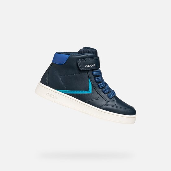 Sneaker haute bleu marine avec velcro, lacets, accents bleu clair et logo GEOX.