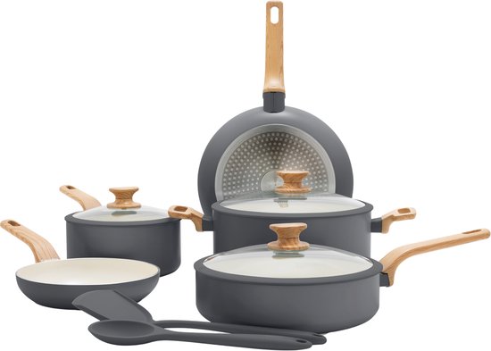 GreenPan Essence Grijs Keramische Inductie Pannenset 10-delig - PFAS-vrij - Inductie pannenset - Houteffect handgreep - Met deksels - Grijs