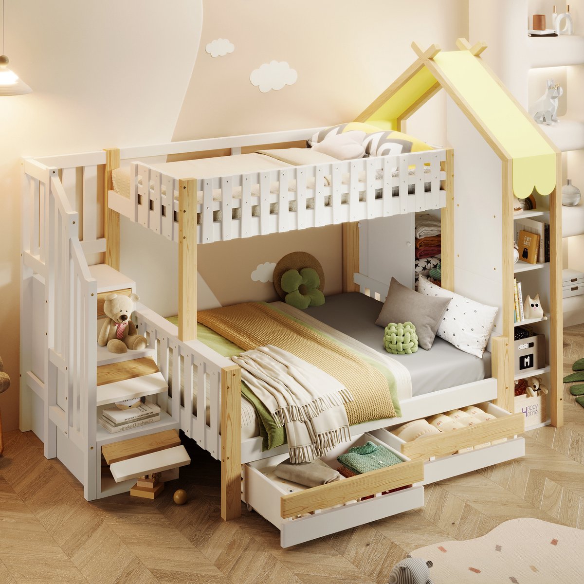 PHOEBE CAT Stapelbed - 90x200+140x200 cm - Huis bedframe - 2 lades - Opbergruimte - Wit + Natuurlijke