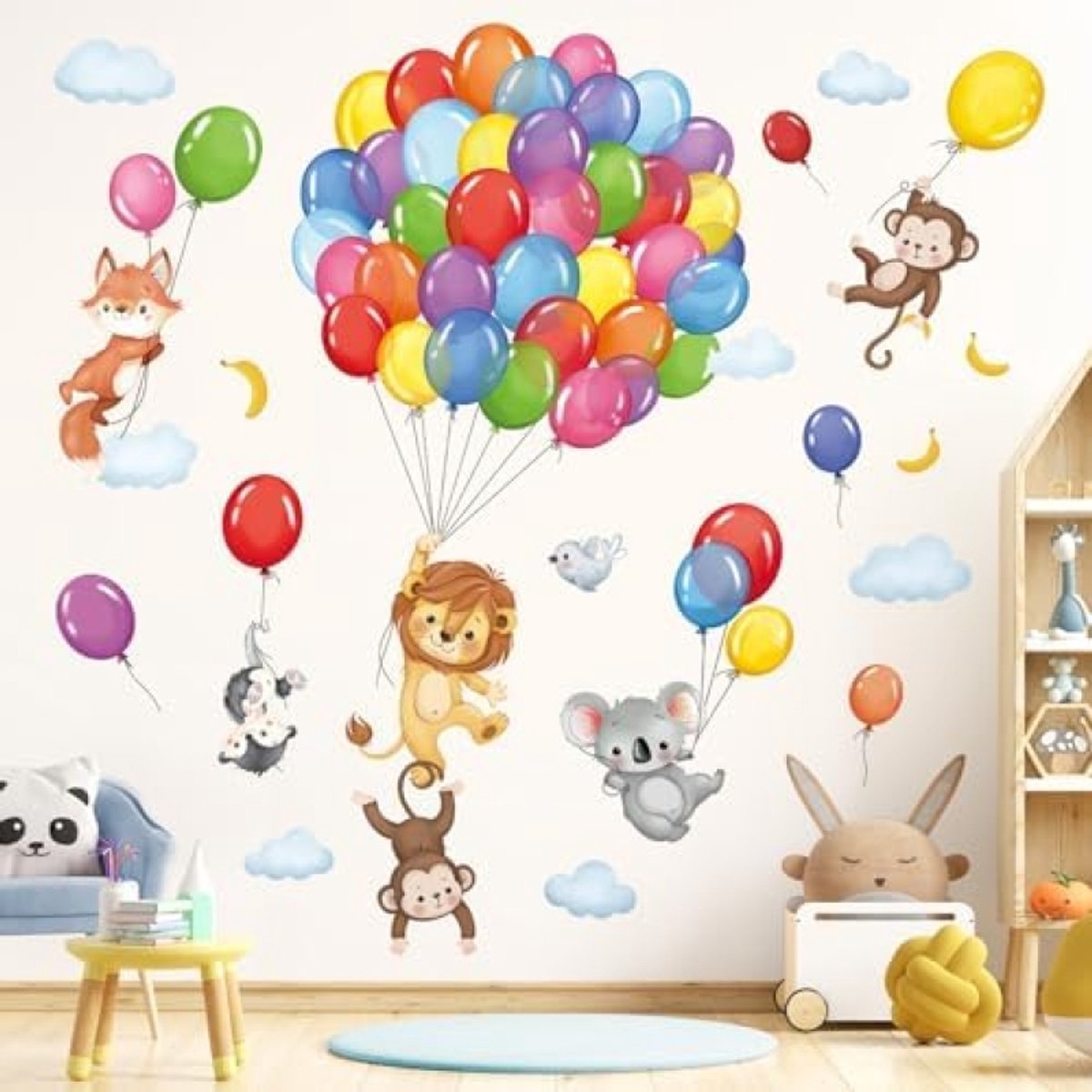 PromoHome Muursticker Set Dieren Heteluchtballon Bos Thema - Afneembare Wanddecoratie voor Kinderkamer met Aap, Leeuw en Koala - DIY Plakplaatjes voor Muur en Meubels
