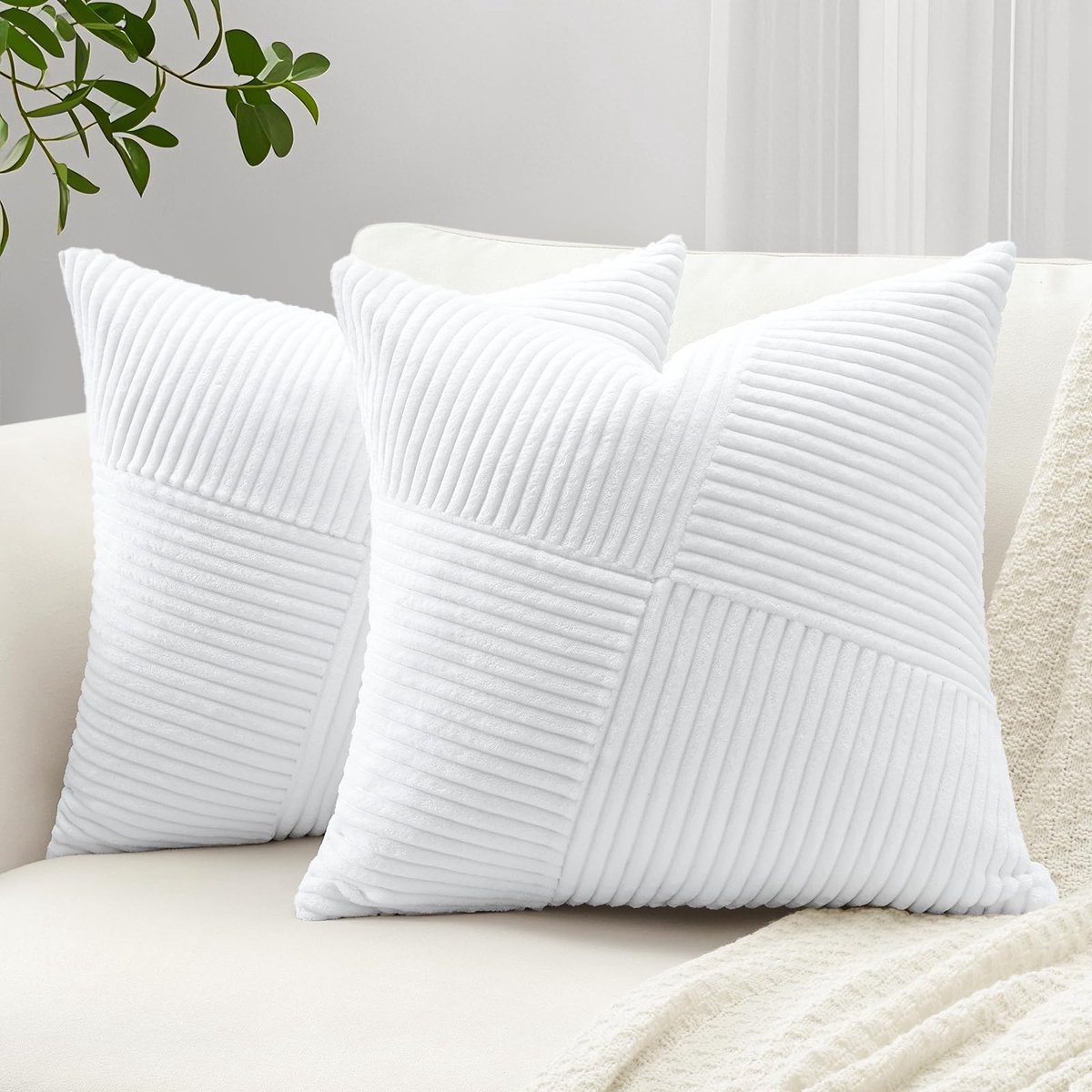 Ibenzoa Set van twee stijlvolle corduroy kussenhoezen met gestreept patroon 60x60 cm wit