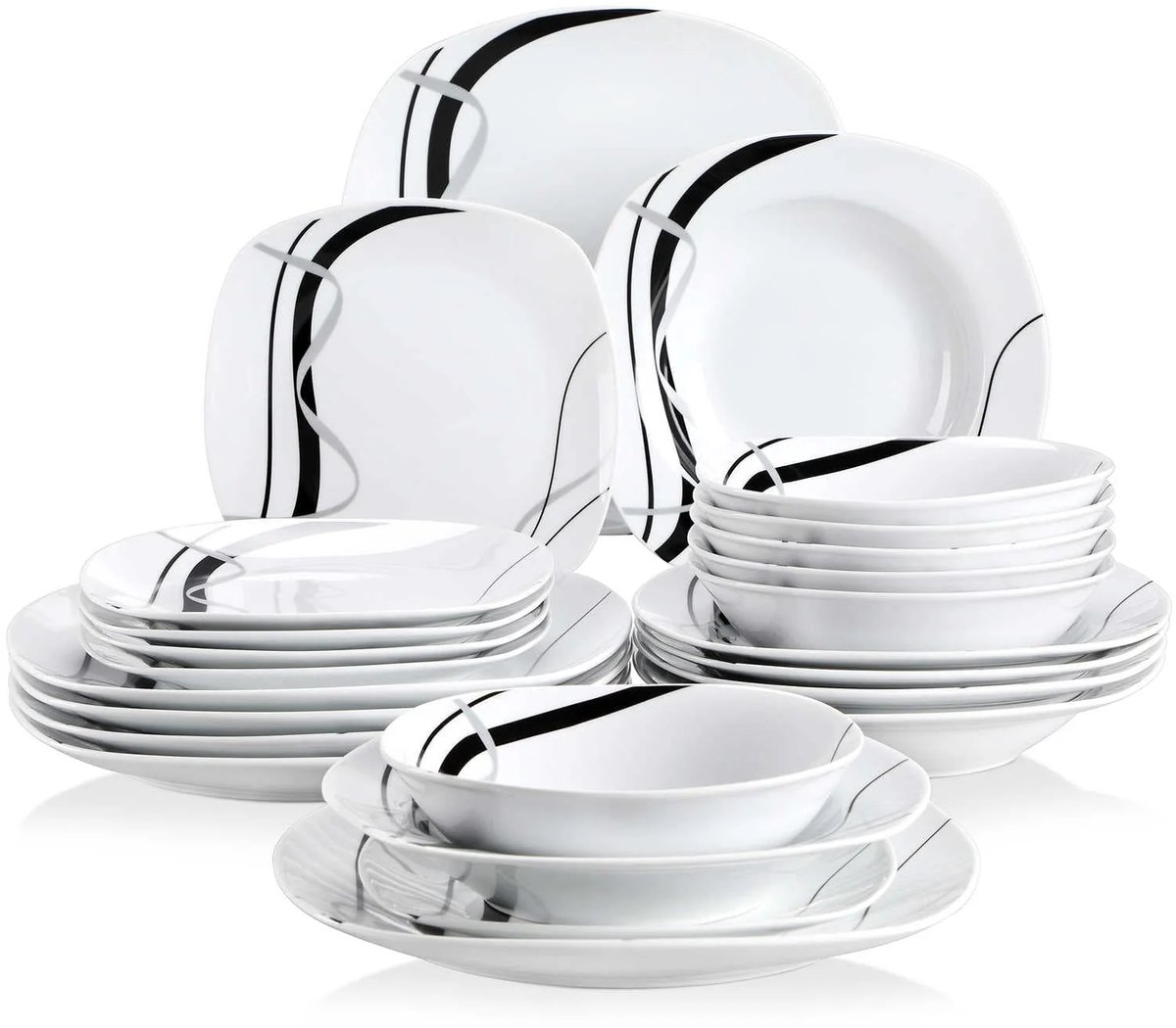 Serviesset - 6 Persoons Servies - Porselein - Diner- en Dessertbord - Ontbijt- en Soepkom - 24-delige Set - Wit - Zwart - Zilver