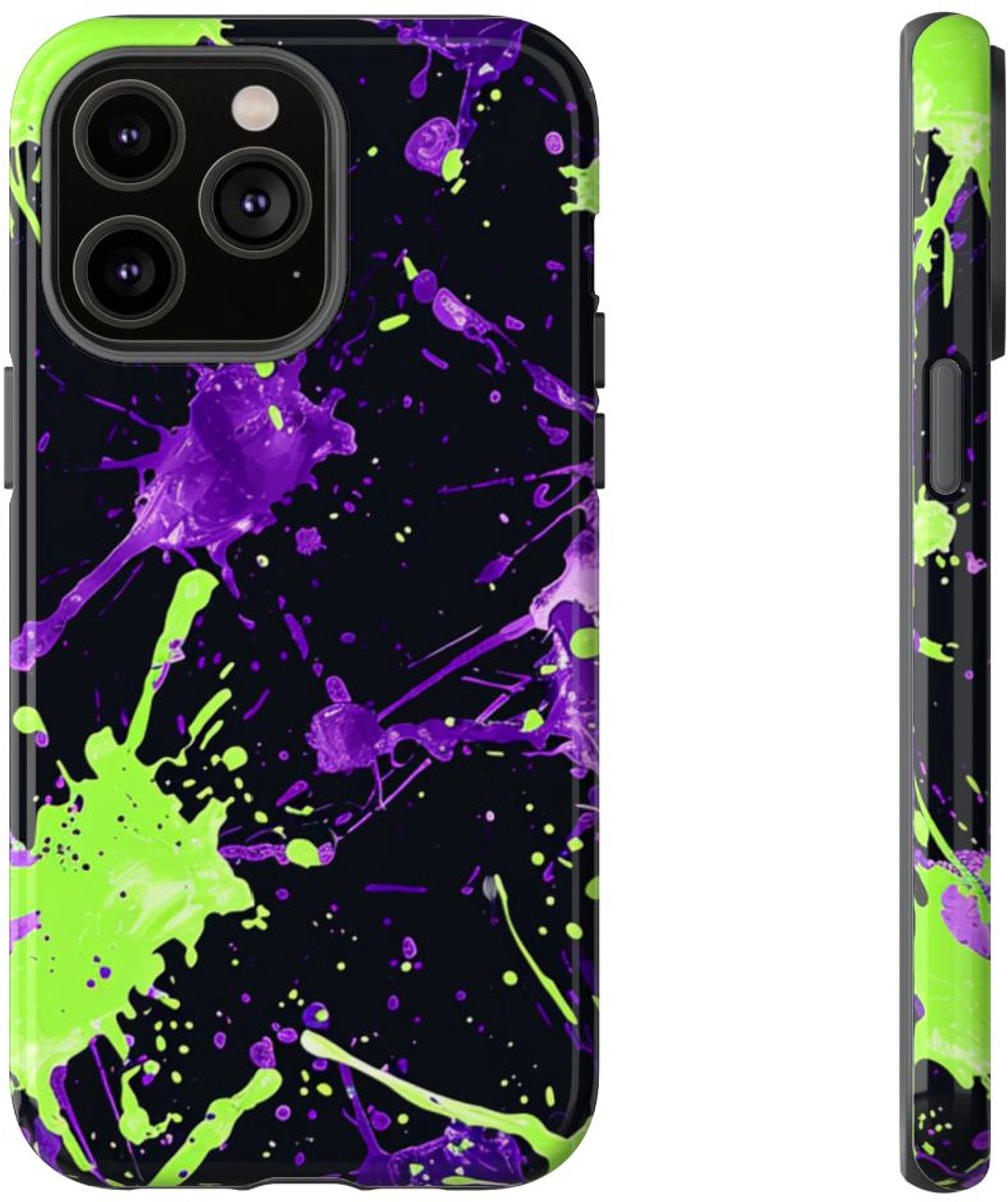 Groene en Paarse Verfspatten Patroon – Telefoonhoesje Geschikt voor iPhone 14 Pro Max