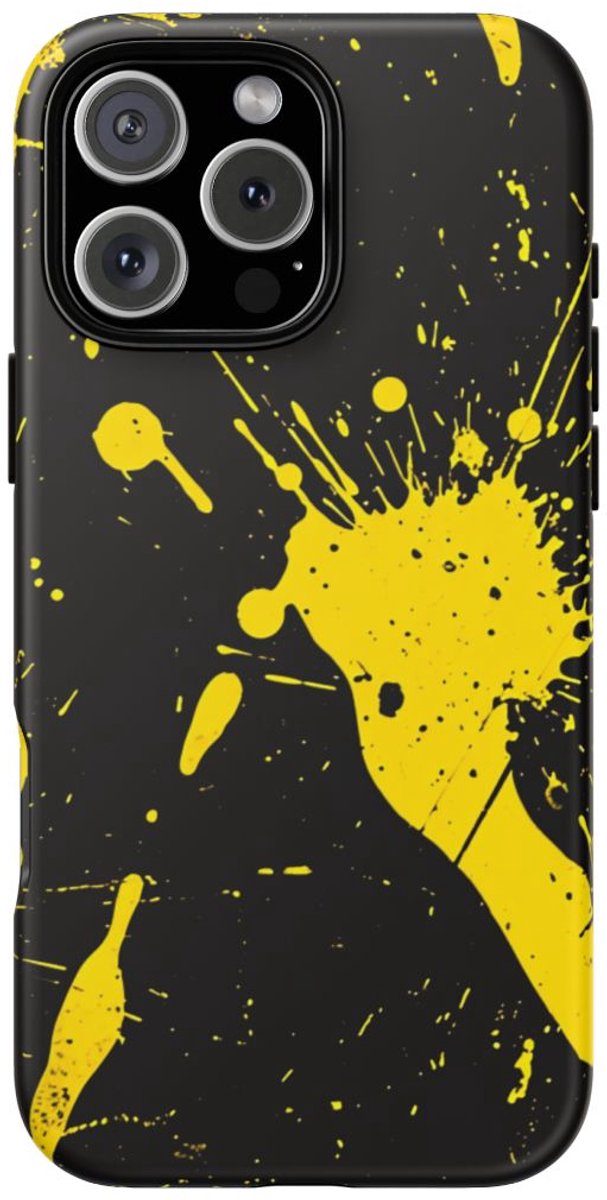 Gele Verfspatten op Zwarte Achtergrond – Telefoonhoesje Geschikt voor iPhone 16 Pro Max