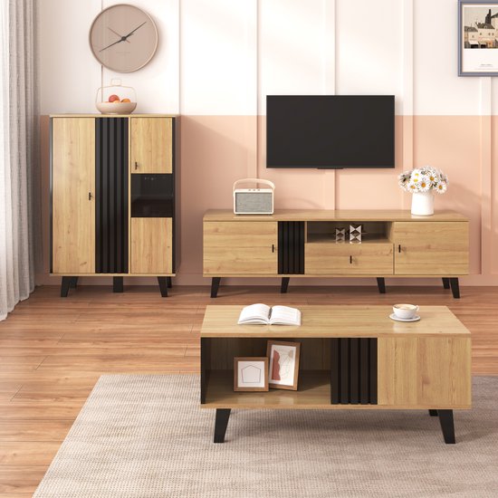 Re-purelife® Modern Woonkamer Meubel Set 3-Delig met veel Opbergruimte - Salontafel 100x60x45 cm, TV Meubel 170x40x50,5 cm & Sideboard met LED Verlichting 80x40x120 cm - Zwart Eiken - Stijlvol & Stevig