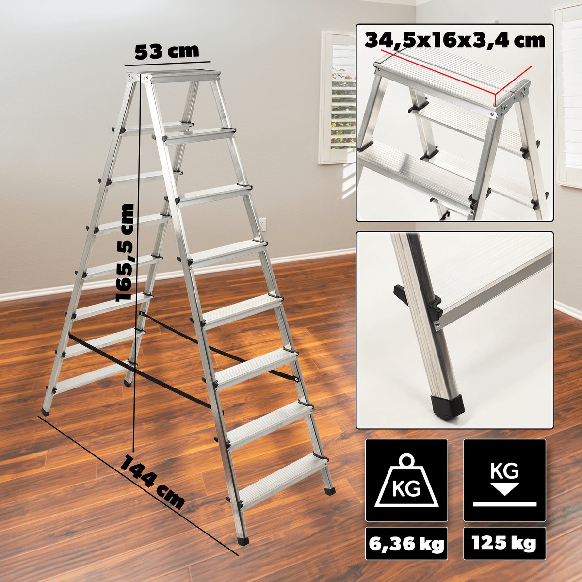 KADAX Huishoudladder, trapladder in 5 versies, vouwladder met draagvermogen tot 125 kg, inklapbare dubbelzijdige multifunctionele ladder, aluminium ladder met antislip voeten (8 treden) – foto 7