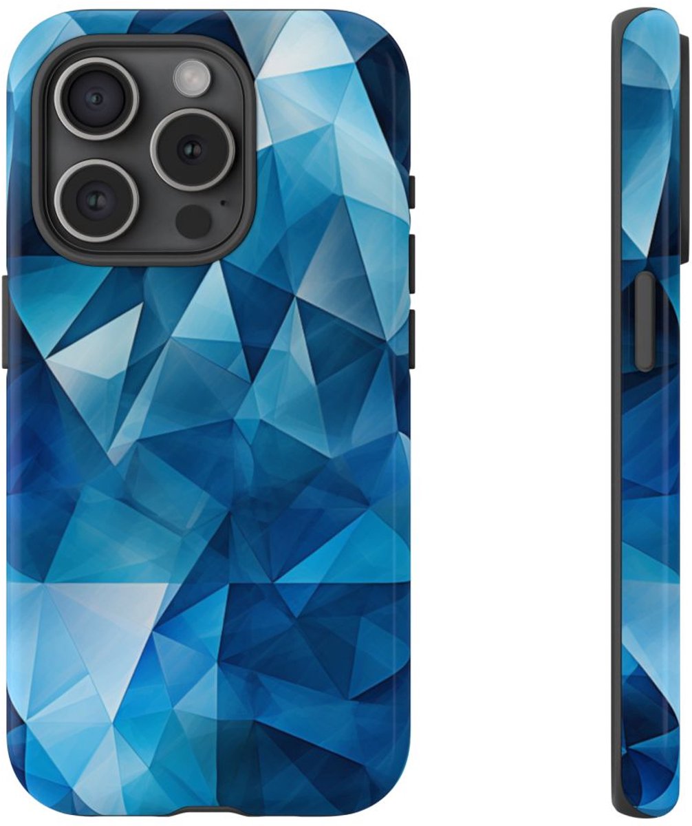Blauw Geometrisch Driehoekenpatroon – Telefoonhoesje Geschikt voor iPhone 15 Pro