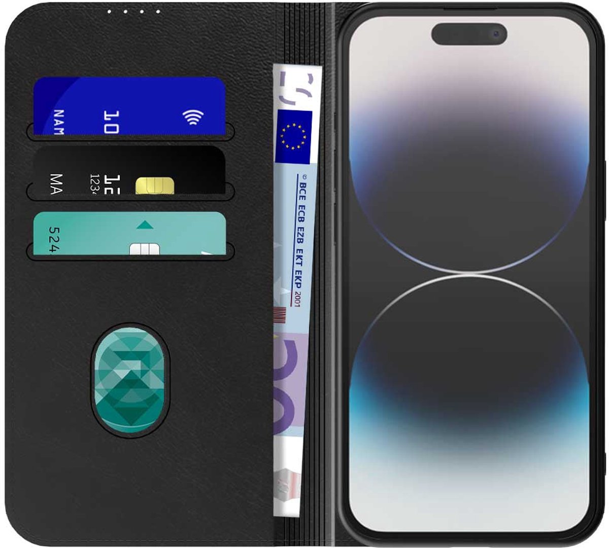 Geschikt voor iPhone 14 Pro Telefoonhoesje Zwart Kunstleer Met Magnetische Sluiting - Portemonnee BookCase Met Pasjeshouder - ProtX