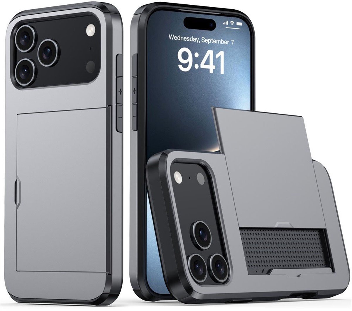 Mobiq - Hybrid Card geschikt voor iPhone 17 Pro Max Hoesje met Pashouder - grijs
