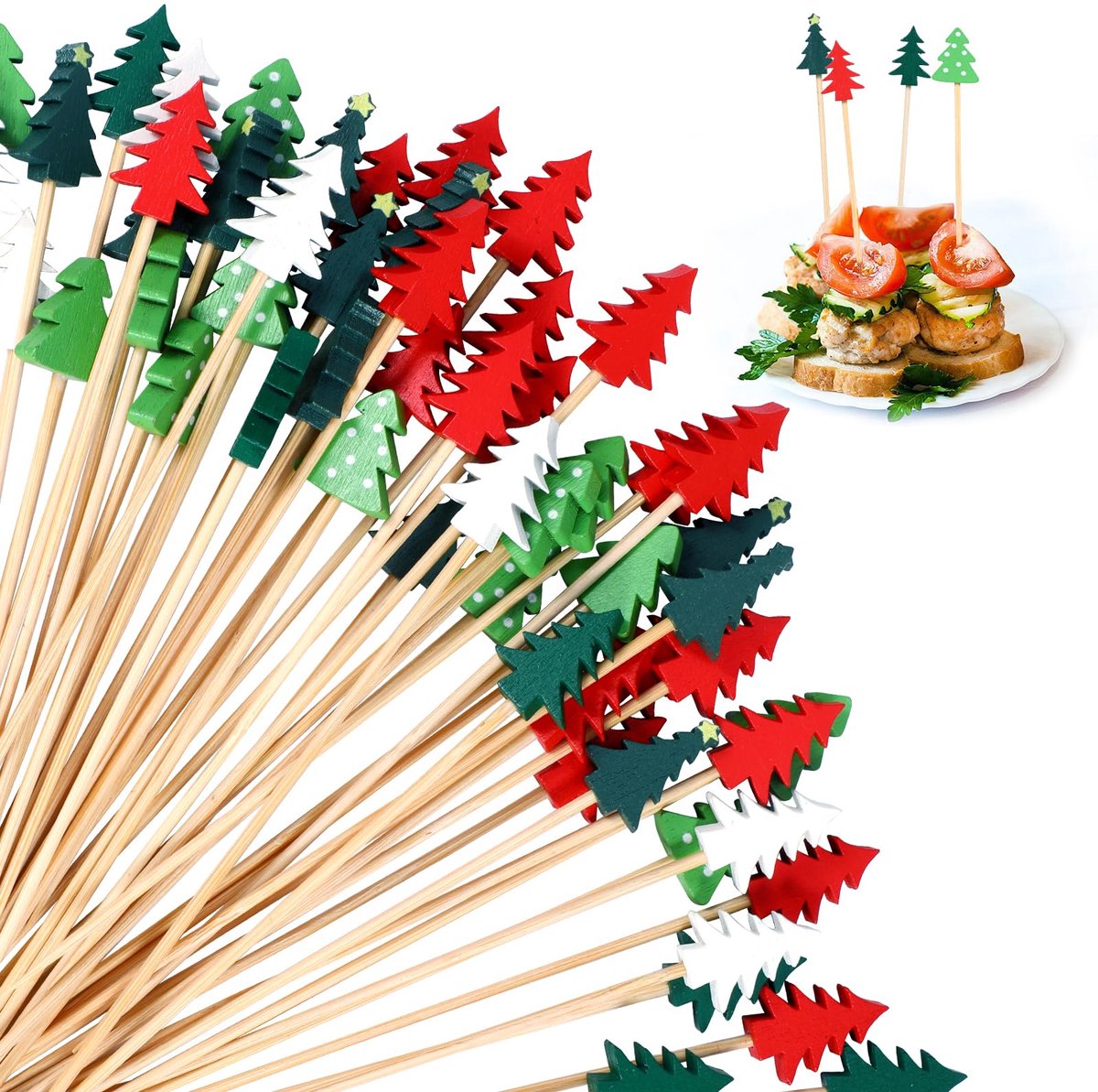 Kerstboom-Cocktailspiesen 100 Stuks - 13 Cm Bamboe - Feestaccessoires