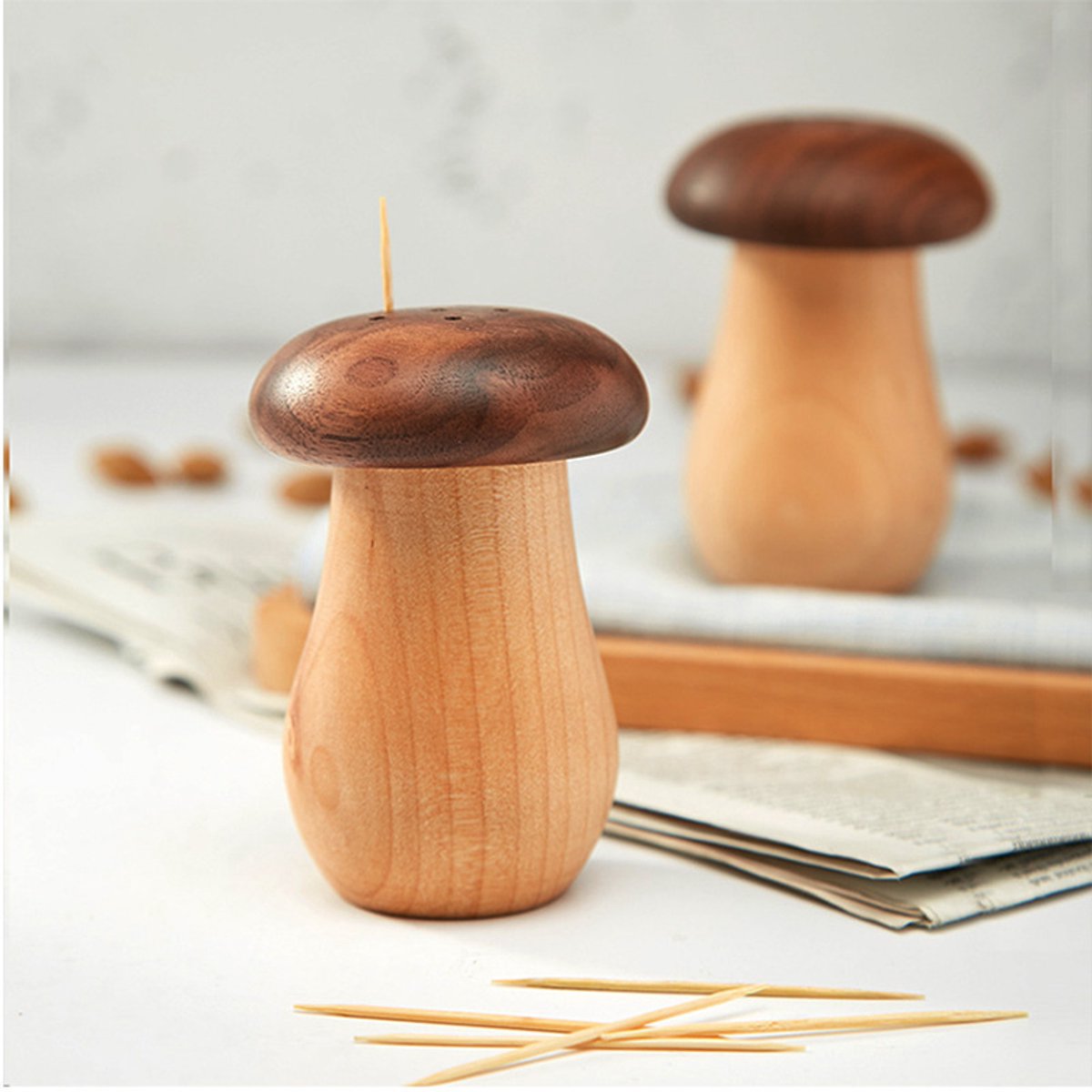 Magische tandenstokerhouder, paddenstoelvorm, houten opbergdoos voor thuis, keuken, restaurant, hotel, bureaudecoratie