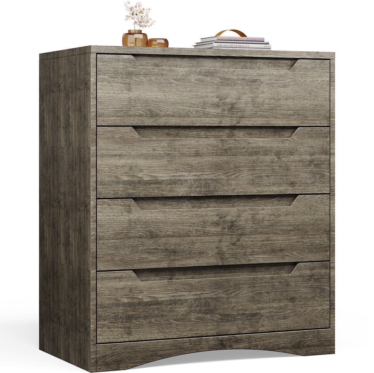 Xbro Ladekast met 4 Ruime Laden – Commode met Uitgesneden Handgrepen en Kantelbeveiliging – Voor Slaapkamer, Woonkamer of Kantoor – Donkerbruin – 80 x 70 x 40 cm