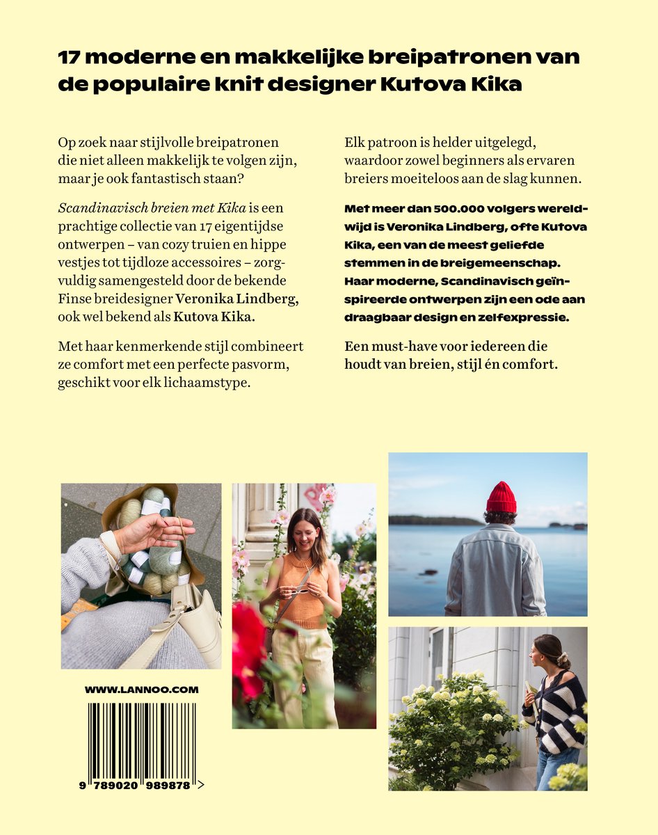 Boek 'Scandinavisch breien met Kika' met afbeeldingen van breipatronen, modellen en gebreide kleding.