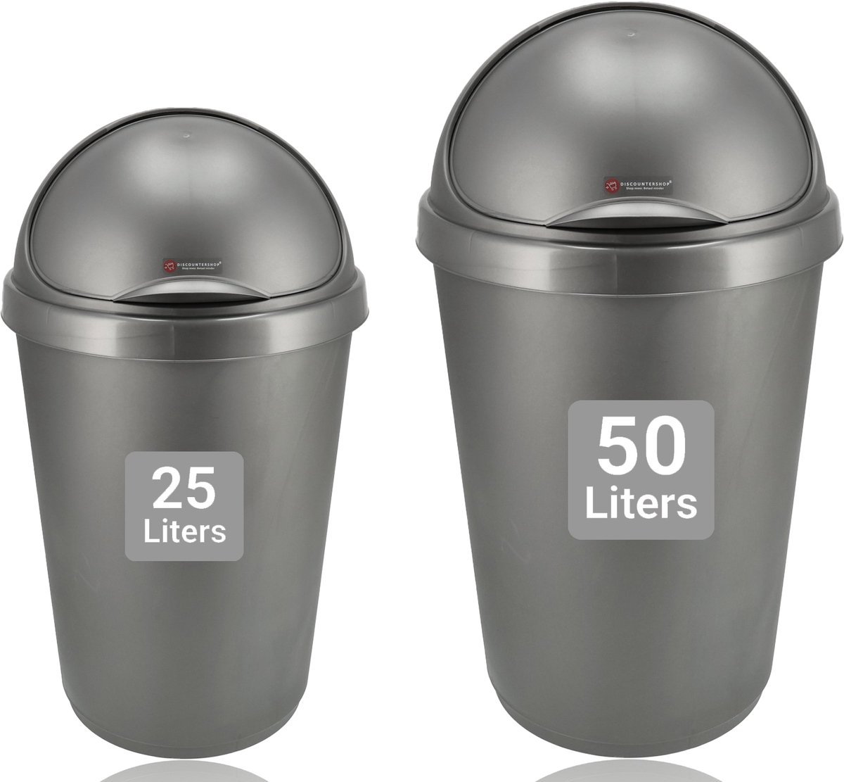 Prullenbak set 50L & 25L Grijs – Kunststof Vuilnisbakken met Deksel – Ronde Afvalemmers voor Keuken, Badkamer, Huishouden & Kantoor – Afvalbakken Set