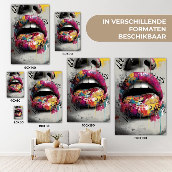 Canvas schilderij 80x120 cm - Wanddecoratie Lippen - Graffiti - Expressief - Muurdecoratie woonkamer - Slaapkamer decoratie - Kamer accessoires - Schilderijen op canvas