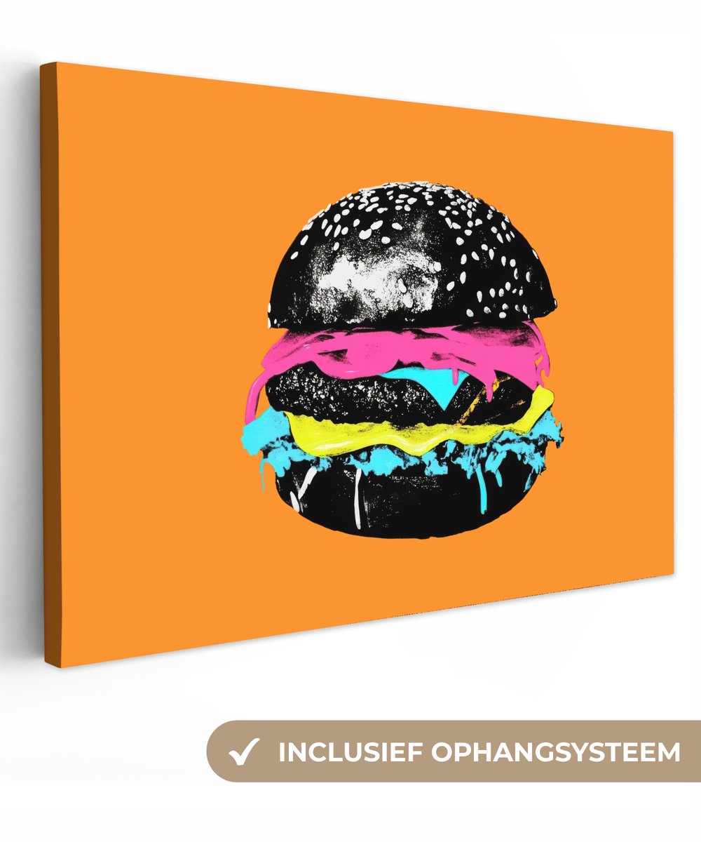 Canvas schilderij 60x40 cm - Exclusieve wanddecoratie Hamburger - Oranje - Neon - popart - Muurdecoratie accessoires - Keuken decoratie muur - Schilderijen op canvas