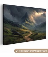 Canvas schilderij 120x80 cm - Wanddecoratie Bergen - Kronkelpad - Groen - Wolken - Muurdecoratie woonkamer - Slaapkamer decoratie - Kamer accessoires - Schilderijen op canvas