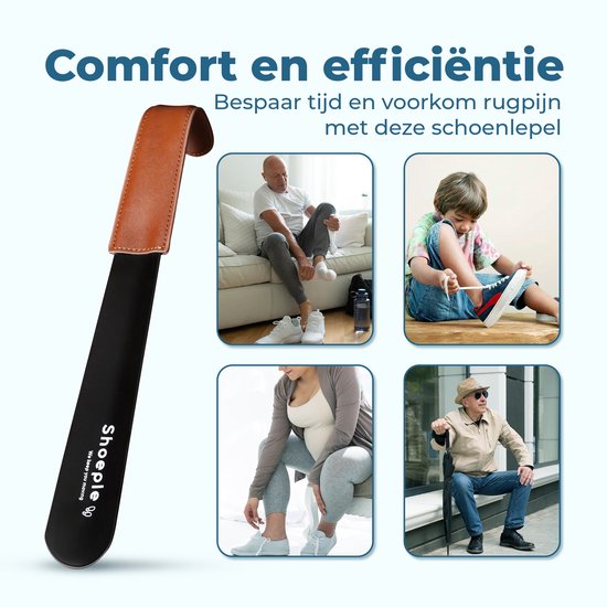 Zwarte schoenlepel met bruin lederen handvat, getoond met een man, kind, zwangere vrouw en oudere man.