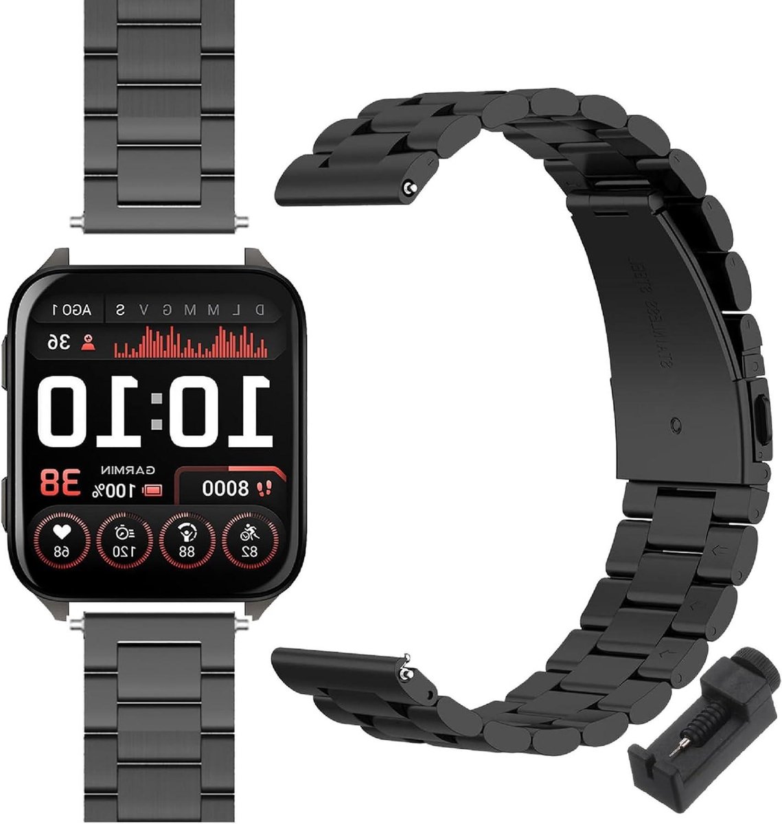 Band compatibel met smartwatch, roestvrijstalen horlogeband vervanging [slijtvast] [lichtgewicht] met quick release mechanisme - Zwart