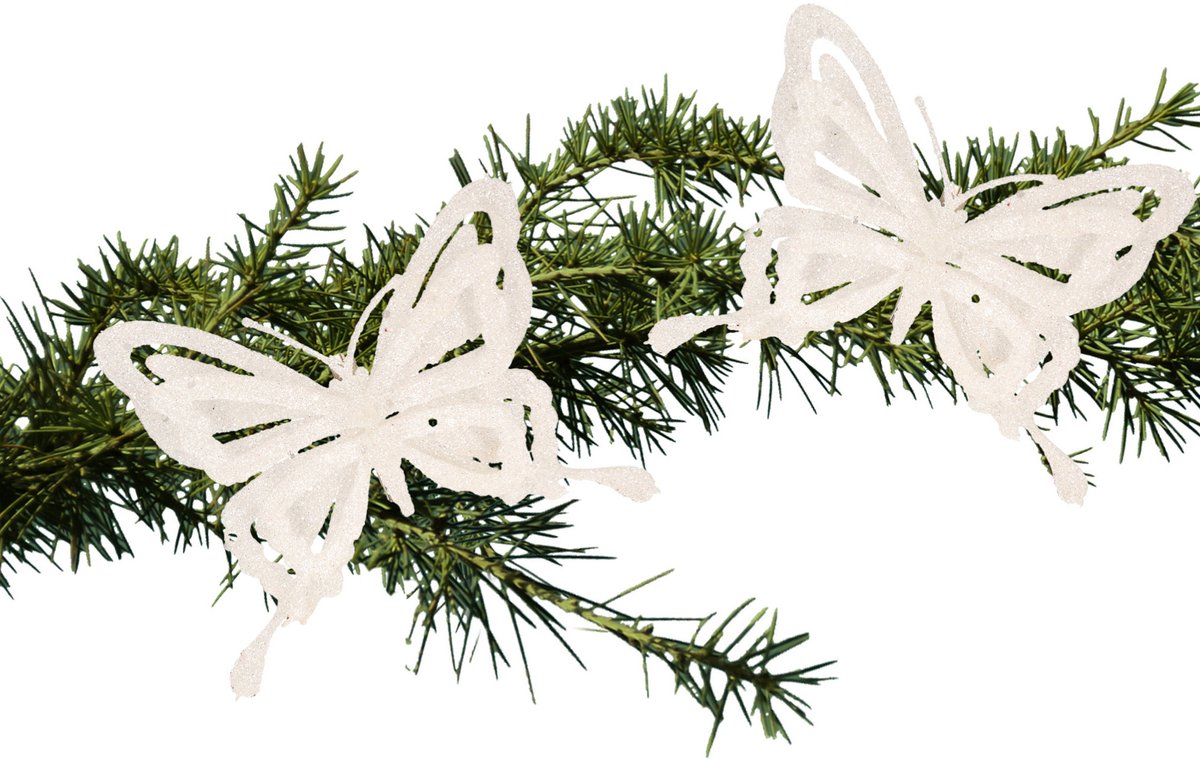 Cosy&Trendy Kerstboomversiering Vlinder - 2x - 14 cm - wit glitter - op clip - ornament