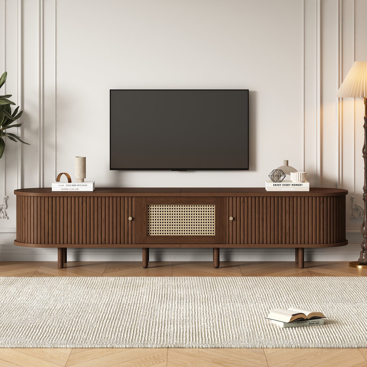Ovale TV-meubel 180 x 40 x 40 cm - donker notenhout - rieten ontwerp - verstelbare voeten