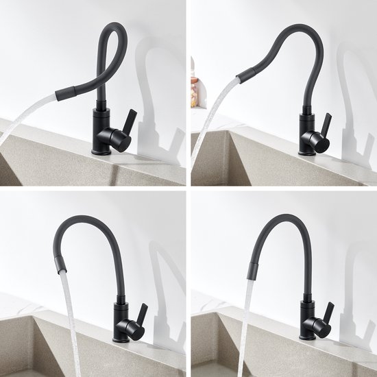 Auralum max Keukenkraan - Keukenkraan Met Flexibele Uitloop - Keukenkraan 360° Draaibaar - Mat Zwart
