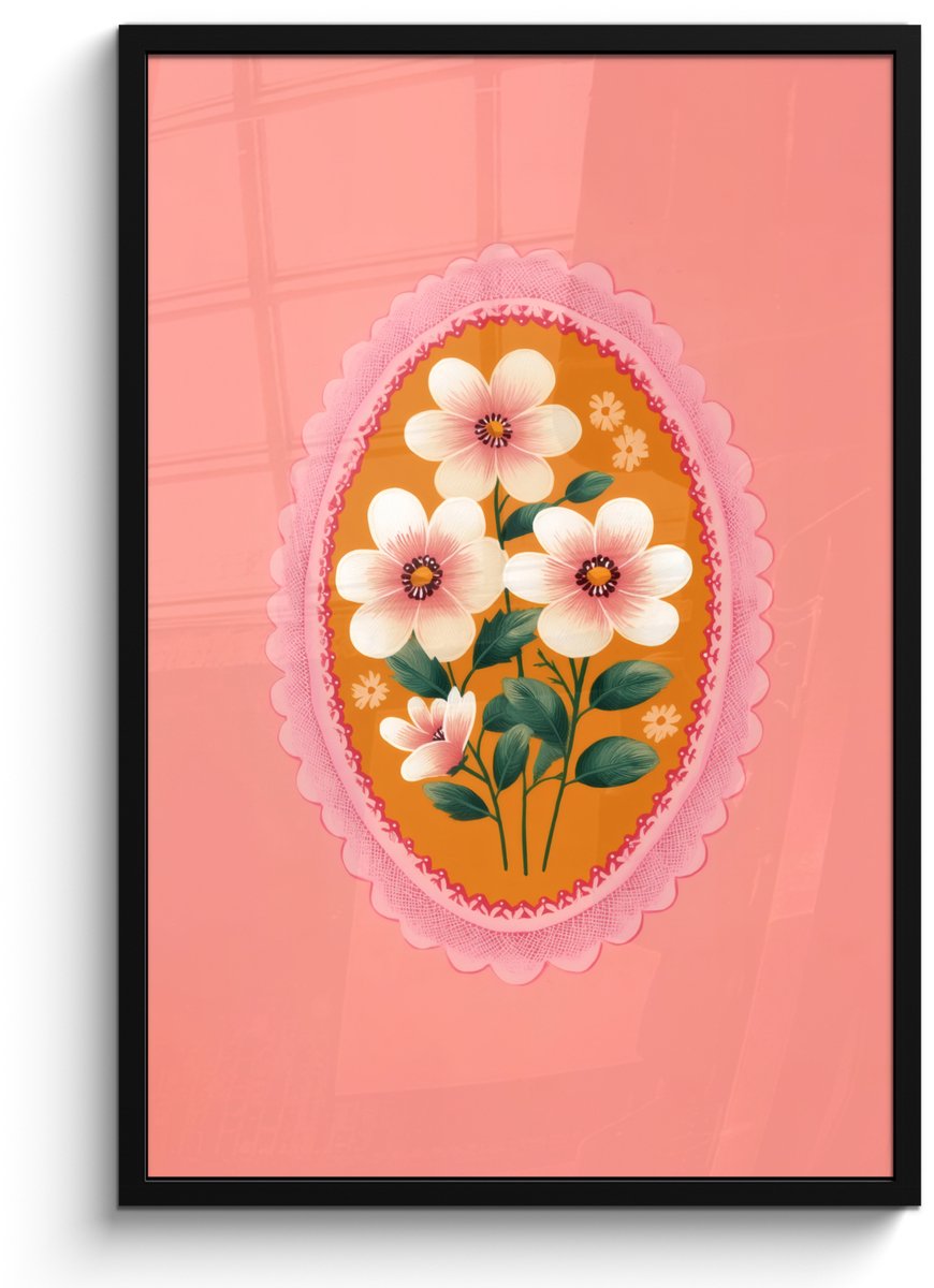 FrameYourWall Poster in lijst - Fotolijst 60x90 cm - Posters - Illustratie - Bloemen - Rand - Roze - Posterlijst zwart - Decoratie - Wanddecoratie woonkamer - Muurdecoratie slaapkamer