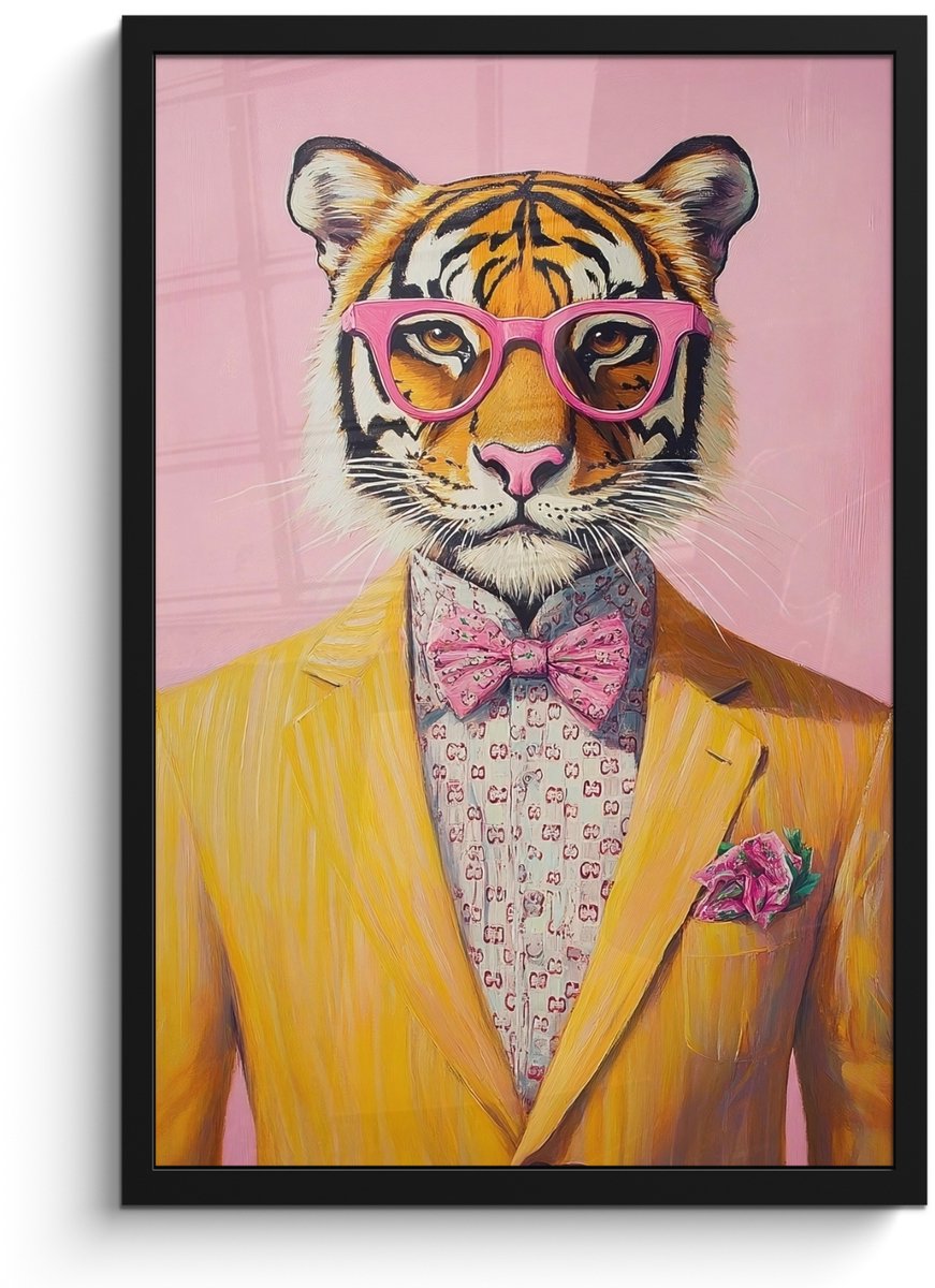 FrameYourWall Poster in lijst - Fotolijst 40x60 cm - Posters - Tijger - Bril - Geel - Jasje - Posterlijst zwart - Decoratie - Wanddecoratie woonkamer - Muurdecoratie slaapkamer