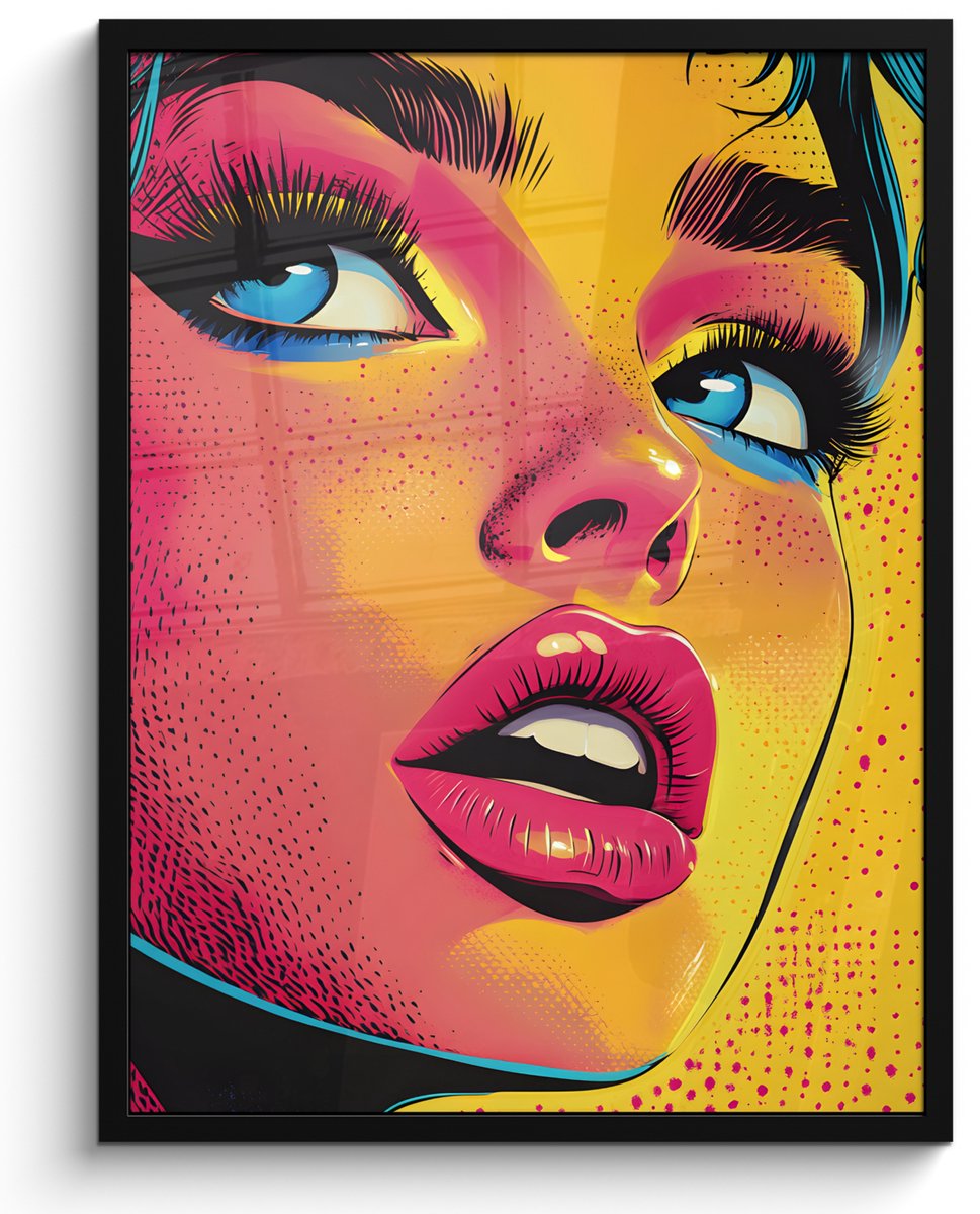 FrameYourWall Poster in lijst - Fotolijst 60x80 cm - Posters - Close-up - Vrouwengezicht - Stippen - Geel - Posterlijst zwart - Decoratie - Wanddecoratie woonkamer - Muurdecoratie slaapkamer Gezicht - Vrouw