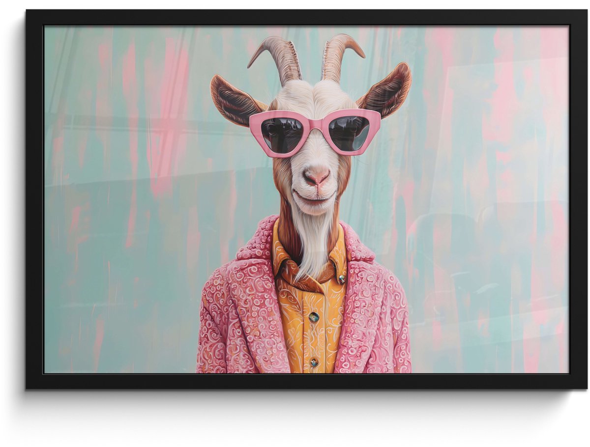 FrameYourWall Poster in lijst - Fotolijst 60x40 cm - Posters - Zonnebril - Roze - Geit - Horen - Posterlijst zwart - Decoratie - Wanddecoratie woonkamer - Muurdecoratie slaapkamer